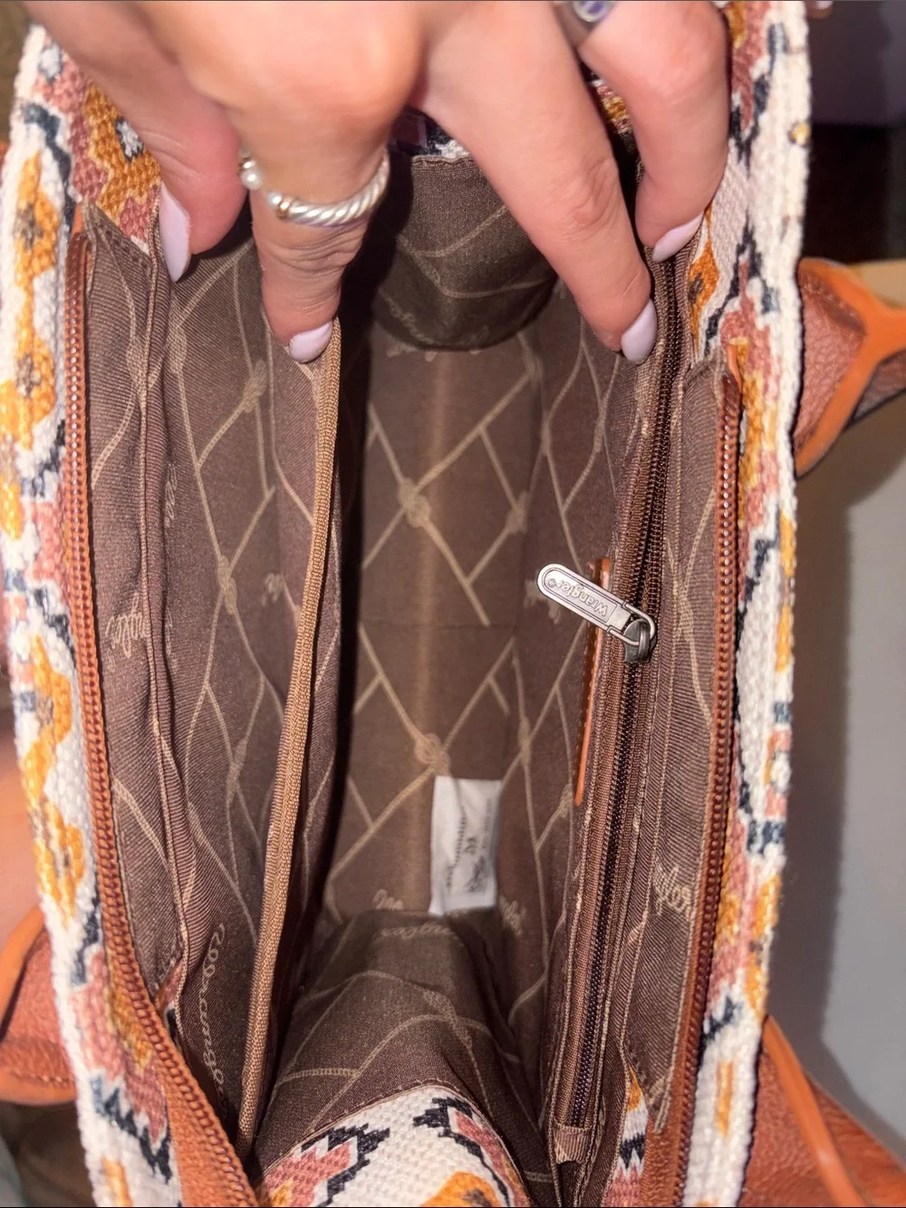 Wrangler Canvas Tote with Geometric Embroidery in Beige, Brown & Mustard